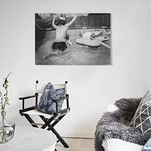 Boy Playing In Swimming Pool Retro Lifestyle Photo Poster Wall Art Paintings Canvas Wall Decor Home Decor Living Room Decor Aesthetic 24X36Inch(60X90Cm) Frame-Style #TOP4