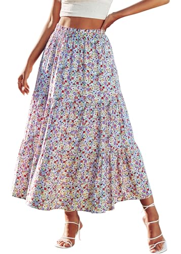 Image of KIRUNDO Maxi Skirts for Women Summer Boho Floral Long Skirt | High Waist Tiered Flowy Skirt, 2026 Spring Fall Fashion, Casual Teacher Outfits, Beach Vacation Clothes, Cruise Resort Wear