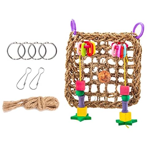 Straw Braid Rope Net Hammock Ladder Parrots Chewing Hanging Toys Natural Straw Woven Playground for Small Parakeets Cover