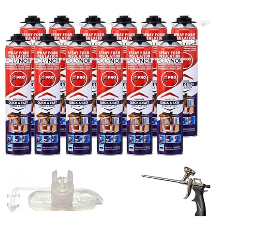 POLYNOR Isolamento termico PUR in bomboletta PRO - Set - 12 schiume - Pistola per schiuma - Isolamento termico a spruzzo - Isolamento di pareti, tetti, soffitti, tubi - Aerosol 750 ml