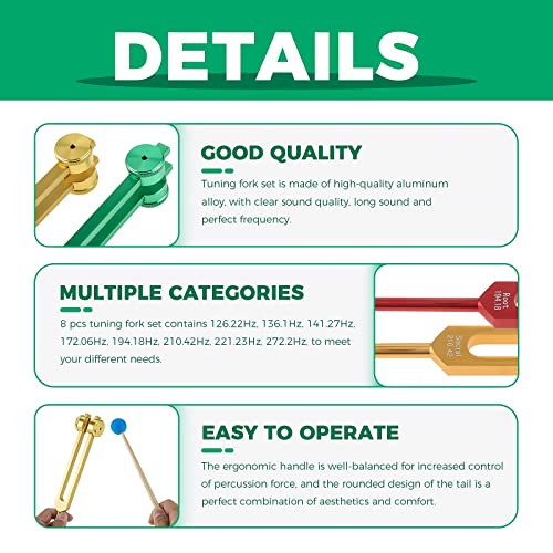 Chakra Tuning Fork Set Colored, 8 Weighted Tuning Forks For Healing With Silicone Hammers, And Storage Bag (126.22 Hz, 136.1 Hz, 141.27 Hz, 172.06 Hz, 194.18 Hz, 210.42 Hz, 221.23Hz, 272.2Hz) #TOP2