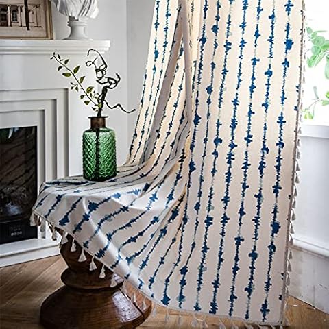 ABREEZE Boho Chic Farmhouse Cotton Linen Window Curtains with Tassel Fringe Tie Dye Blue Stripe Window Semi Blackout Curtains for Bedroom Living Room,1 Piece,59" W×86" L Cover