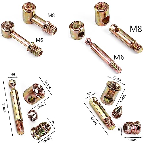 Image of WANLIAN Furniture Wardrobe Four-in-one Connectors Fittings, Bolts,Hole hammer inner teeth for The connection of beds, sofas and solid wood furniture (M8x42mm, 4 in 1 Furniture Connecting Fittings)