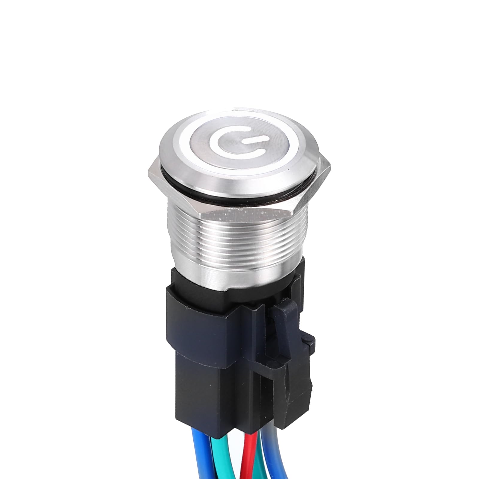 DMiotech 7/8 Inch Stainless Steel Momentary Push Button Switch Flat Head 15A 12-24V Silver Shell 6 Pin with Cable Socket White Ring LED 1NO1NC for Car Boat Systems Custom Setups