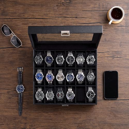 Image of ProCase Watch Box Organizer, 18 Slot Watch Display Case, Allblack | Watches Storage Boxes Holder for Men Women, Large Glass Lid, Removable Pillows, Anniversary Christmas Birthday Gifts