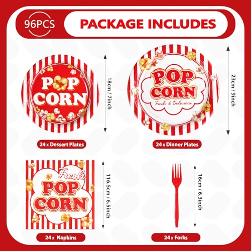 Image of Grencian 96Pcs Popcorn Party Supplies for Movie Night Serves 24 | Popcorn Plates and Napkins Red and White Sets Picnic Decorations for Festive Movie Night Birthday BBQ Summer Party Favors