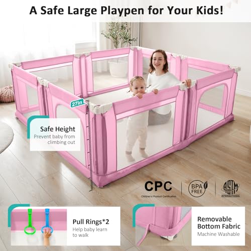 Image of Doradotey Adjustable Baby Playpen with Adult Door, Foldable Large Playpen for Babies and Toddlers, Breathable Mesh Indoor Baby Playard, Safe Fence, 79 x 71 Inch, Pink