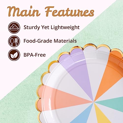 Image of Confettiville Party Paper Plates, 50-Pack, Disposable Paper Plates, Gold Foil Scalloped Edge, Striped Pastel, 9-Inch