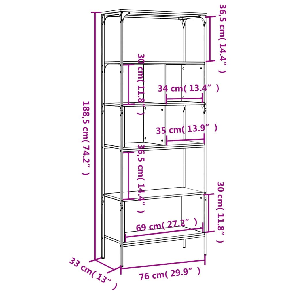 Libreria in rovere Sonoma, 5 ripiani con gambe regolabili, 76 x 33 x 188,5 cm, in legno, per soggiorno, ufficio, cameretta dei bambini, divisorio