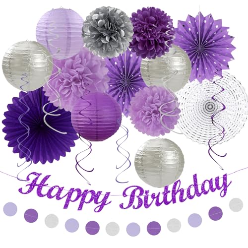 Image of Purple Lilac-Lavender Silver Women Birthday Party-Decorations - 21pc Happy Banner,Paper Lanterns Streamers,Tissue Pom Poms Honeycomb Flower Fan, Girls Hanging Decor Supplies Garland Backdrop Huglony