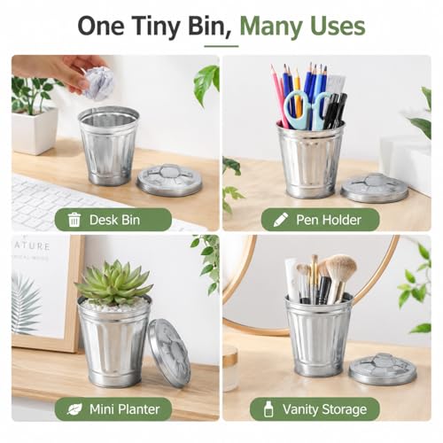 Image of jojofuny 12 Pack Mini Trash Cans with Lids, 3.7 Inch Silver Metal Garbage Can Favor Buckets, Small Desktop Bins for Trash Truck Birthday Party, Office Desk, Craft Storage, Pen Holder, Mini Planter