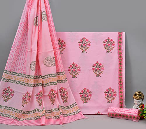 Image of NISHIRE Women's Cotton Jaipuri Hand Block Print Unstitched Suit Material with Cotton Mulmul Dupatta