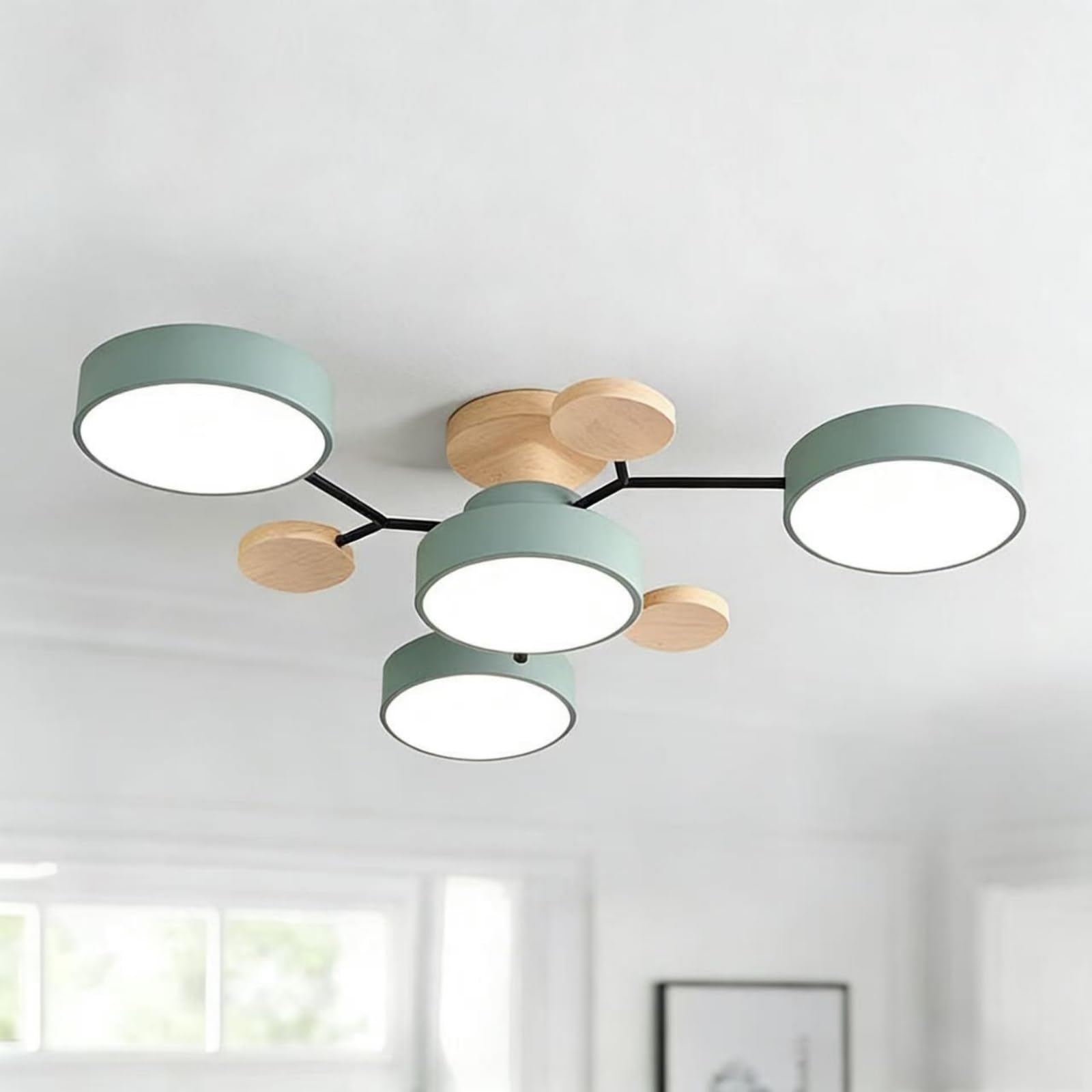 Ceiling Light, Modern Semi Flush Mount Ceiling Light, Nordic Wood Chandelier with Circular Acrylic LED Shade for Living Room, Bedroom, Dining Room Requires Assembly (Green, 4 Heads, White Light)