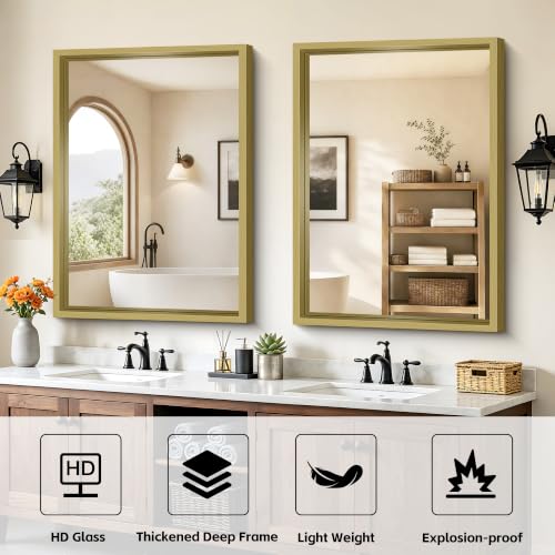 Image of Bathroom Mirror, 30 x 42 inch Natural Wood Grain Colored Aluminum Metal Frame Bathroom Vanity Mirror, Rectangle Wall Mirror for Bedroom Living Room, Tempered Glass, Horizontal or Vertical