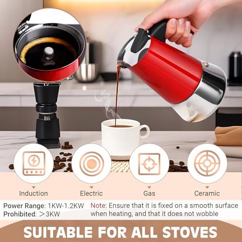 Image of Moka Pot, 6 Cups (10.6 oz) Stovetop Espresso Maker, 304 Stainless Steel Moka Pot, Induction Compatible, Red