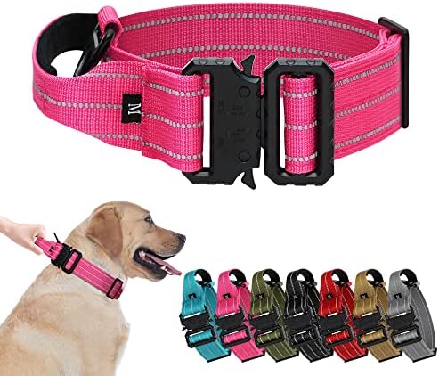 Maiiu Tactical Dog Collar, Adjustable Military Training Reflective Nylon Dog Collar with Control Handle, Heavy Duty Metal Buckle for Medium and Large Dogs(M, Pink)