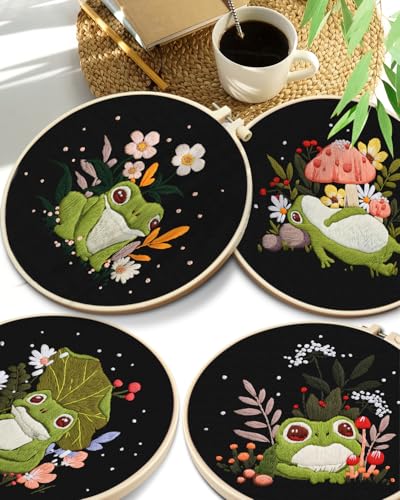 Image of TINDTOP 4 Pack Embroidery Kit for Adult, Embroidery DIY Starter Kit | with Stamped Patterns, Hoop, Tools, Colorful Threads with Needles, Instructions