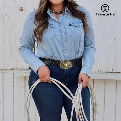 Mens Western Cowboy Belt - Cowgirl Western Country Belt with Floral Engraved Buckle3