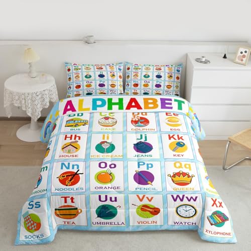 Image of Feelyou Alphabet Bedding Set Queen Size, ABC Alphabet Comforter Kids Toddler Learning Time Comforter Set Educational Learning Duvet Set Microfiber Bed Set