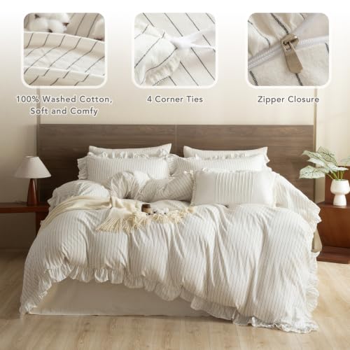 Image of QSH White Dark Grey Wide Stripes Ruffled Duvet Cover Set King Size,3PCs Washed Cotton Farmhouse Striped Ruffle Bedding Quilt Cover Ultra Soft Breathable Comforter Cover Set King with Pillow Shams