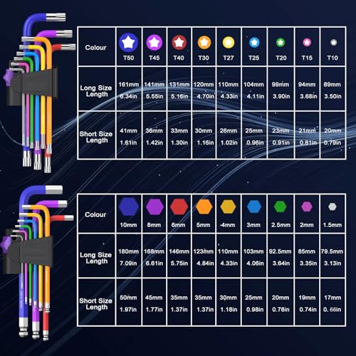 Image of 18 Pcs Hex Key Allen Wrench Set Long Ball End Allen Key & Torx TRX Star Coloured Wrench Set T10-T50 Hex Key Allen Wrench Set 1.5-10mm for Bicycle Repair, Household DIY