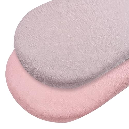 Image of DORA MOMOKO Bassinet Sheets 2 Pack, Fit for Bassinet Swivel Sleeper, Universal Baby Bassinet Cover for Rectangle Oval Hourglass Bassinet Mattress Bassinet Crib Sheets, Purple+pink