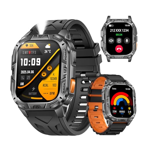 MIDDOW Military Smart Watch with LED Flashlight, 2.01" Display, Answer/Make Calls, Blood Oxygen Heart Rate Sleep Monitor, 900mAh Battery, IP68 Waterproof Fitness Tracker for Men Android iOS (2 Bands)