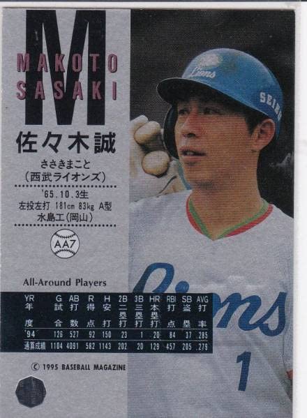Amazon.co.jp: 1995BBM 佐々木 誠 オールラウンドプレーヤー No.AA7