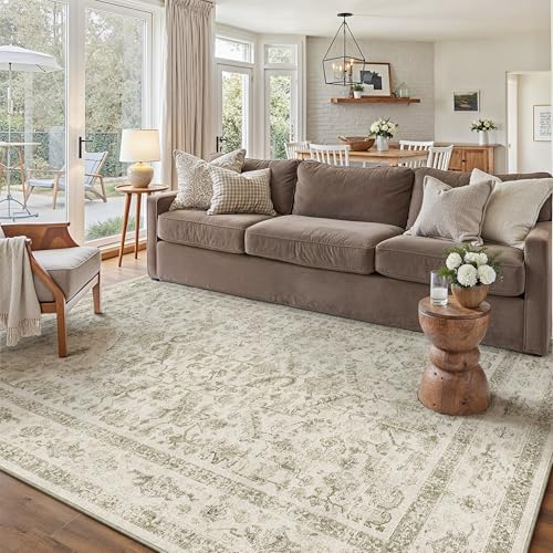 Image of PureCozy Vintage Washable Beige Rugs Living Room Area Rug 140x200cm Bedroom Large Non Slip Soft Carpet Kitchen Bedroom Dining Room Office Indoor Low Pile Carpets