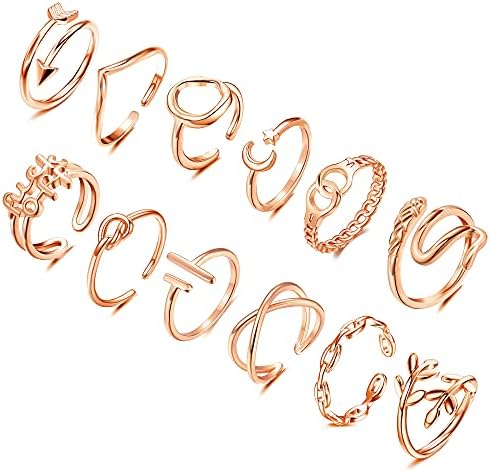 ABDOT 12PCS Adjustable Stackable Thumb Open Rings Set for Women Rose Gold Plated Knuckle Stacking Rings Set Boho Vintage Finger Rings RG