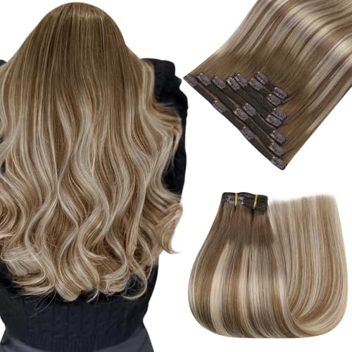 Image of Easyouth Clip in Hair Extensions Brown Balayage Remy Human Hair Clip in Extensions Chestnut Brown Balayage Platinum Blonde Silky Hair Extensions Clip ins Lightweight 14 Inch 7Pcs 80G