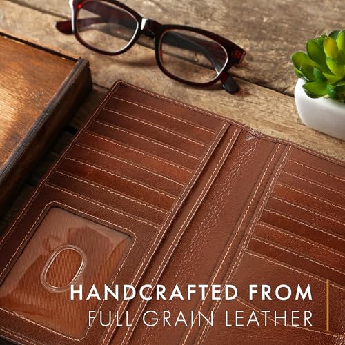 Image of ELIZO Men's Genuine Leather Long Wallet - RFID Blocking Rodeo Checkbook Wallet | Slim Western Bifold Wallet with 16 Card Slots, ID Window | Top Grain Leather Cowboy Wallet | Tequila
