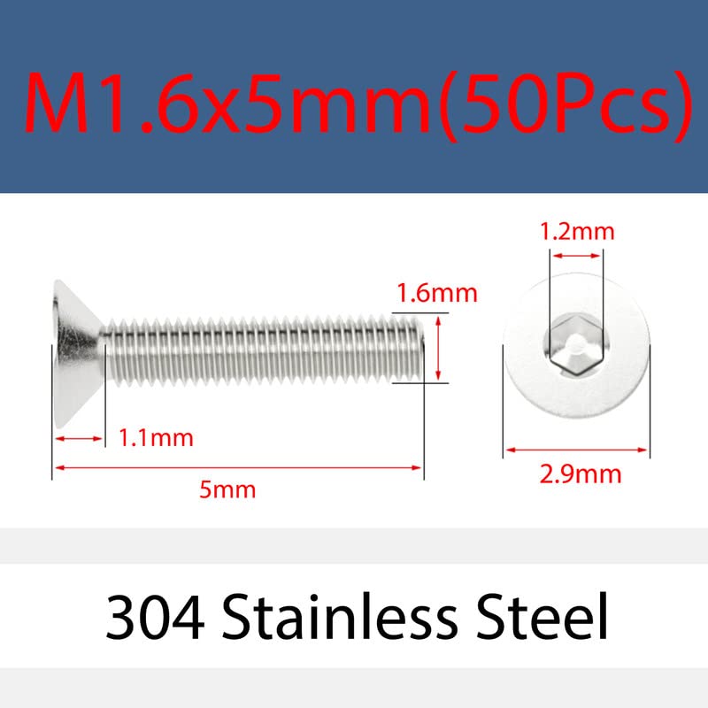 M1.6 x 5mm 50 Pcs Bulloni a testa svasata Acciaio inossidabile 304 Esagonale Tappo presa Vite Testa piatta Bulloni a brugola Viti a macchina