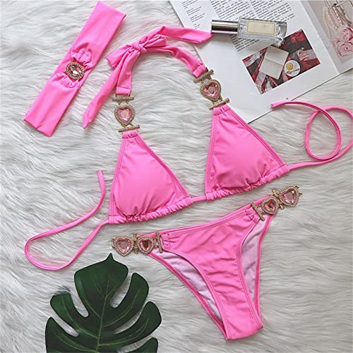 Women's Shiny Heart Crystal Bathing Suit Lace-up Rhinestone Bikini Set with Headband Glitter Jeweled Halter Swimsuit2