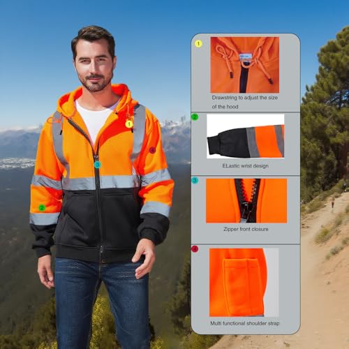 High Visibility Safety Hoodie, Reflective Workwear Sweatshirt, Neon Yellow and Black, Zip-Up3