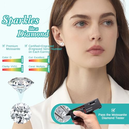 Moissanite Stud Earrings, 0.6–3.0ct Lab Created Diamond Earrings for Women & Men, D Color VVS1 Clarity, 925 Sterling Silver, 14K White Gold Plated, Hypoallergenic Solitaire Studs Jewelry Gift2