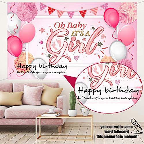 Image of Baby Shower Backdrop It's a Girl Banner 6 x 3.6 ft Large Pink Fabric Decor | Floral Balloon Print on Polyester Fabric, Rope and Grommets for Easy Hanging, Reusable for Photo Booths Walls and Tabless