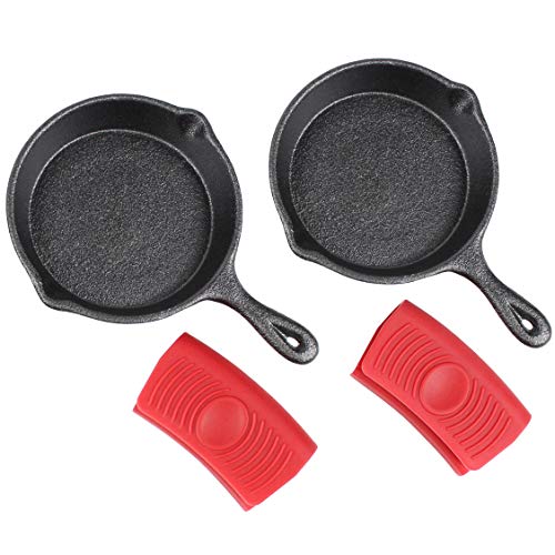 Crucible Cookware | Juego de 2 sartenes de hierro fundido de 10.16 centímetro (pre-sazonado) con 2 agarraderas de silicona para mango caliente