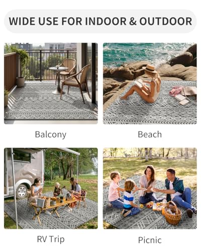 MontVoo Outdoor Rug Carpet Waterproof 5x8 Outdoor Patio Rug Mat Reverisble Plastic Straw Outdoor Rug for RV Camping Picnic Beach Balcony Boho Grey