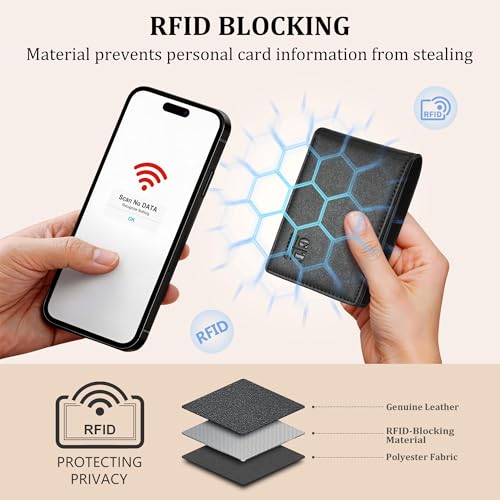 Image of Gostwo Mens Slim Bifold Wallet, RFID Blocking with ID Window & Card Slots | Faux Leather, Slim Front Pocket Fit, Multi Card Slots, RFID Privacy Protection, Gift for Men, Boy, Teen