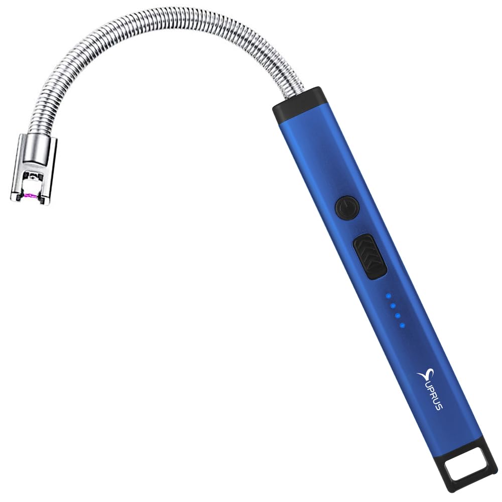SUPRUS Rechargeable Candle Lighter Electric Arc Triple Safety Long Lighter Stainless Steel Shell & Hanging Hook (Blue)