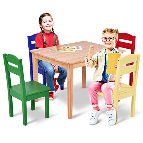 HONEY JOY Kids Wooden Table and 4 Chairs Set, 5 Pieces Set Includes