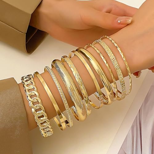 10PCS Gold Cuff Bangle Bracelets For Women Trendy Hinged Cuff Open Wide Chunky Gold Bracelet Minimalist Bangle Jewelry