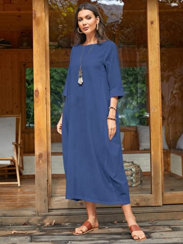 Image of Celmia Autumn Solid Loose Long Maxi Dress Cotton Caftan