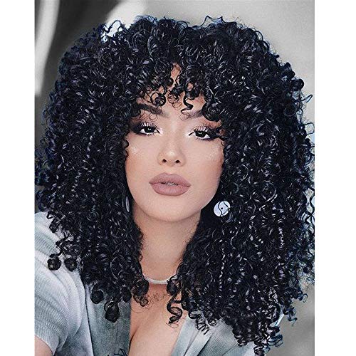 Medium Long Afro Kinky Curly Wig With Bangs, Deep Curly Wigs for Women Black, 20 Inch Natural Soft Synthetic Layered Synthetic Full Wigs, African Style Heat Resistant Hair Wig