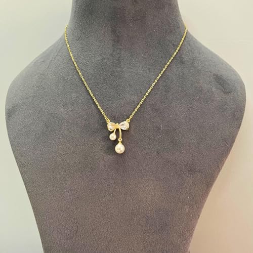 Image of Anti Tarnish Gold Plated Ribbon Shape Pearl Pendant Necklace For Girls