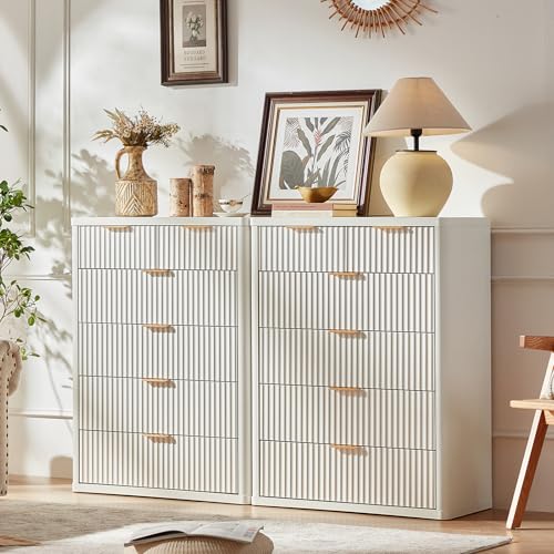 Image of LEYAOYAO Fluted 6 Drawers Dresser for Bedroom, 42 inch Tall Modern Chest of Drawers with Metal Handle, Curved Profile Design,White Wood Drawer Organizer for Bedroom, Living Room, Hallway, Entryway
