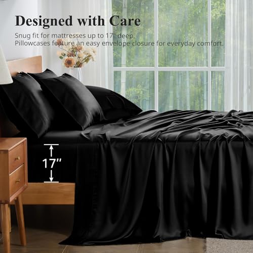 Image of Full Size Sheet Set, Viscose Bamboo Sheets 4pcs, 100% Viscose Derived from Bamboo, Hotel Luxury Silky & Cooling for Hot Sleepers, Deep Pocket up to 17 inch, Black