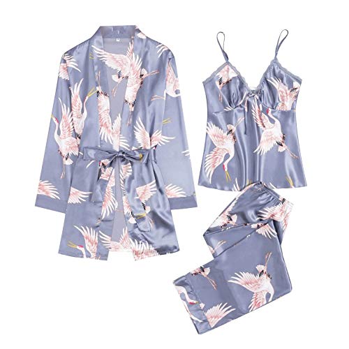 3 Pièces De Pyjama Chic Sexy en Soie Imitation De Haute Qualité pour Femmes Pyjama en Satin Imprimé Dentelle Bretelles Pyjamas Chemises, Ensemble De sous-vêtements pour Femmes Sexy Cover