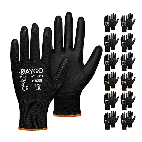 Image of KAYGO Safety Work Gloves for Men Women, PU Coated Palm & Fingers, KG11P | Smooth Grip, Breathable & Lightweight, 13-Gauge Seamless Knit, for Light Warehouse, Manufacturing, Gardening